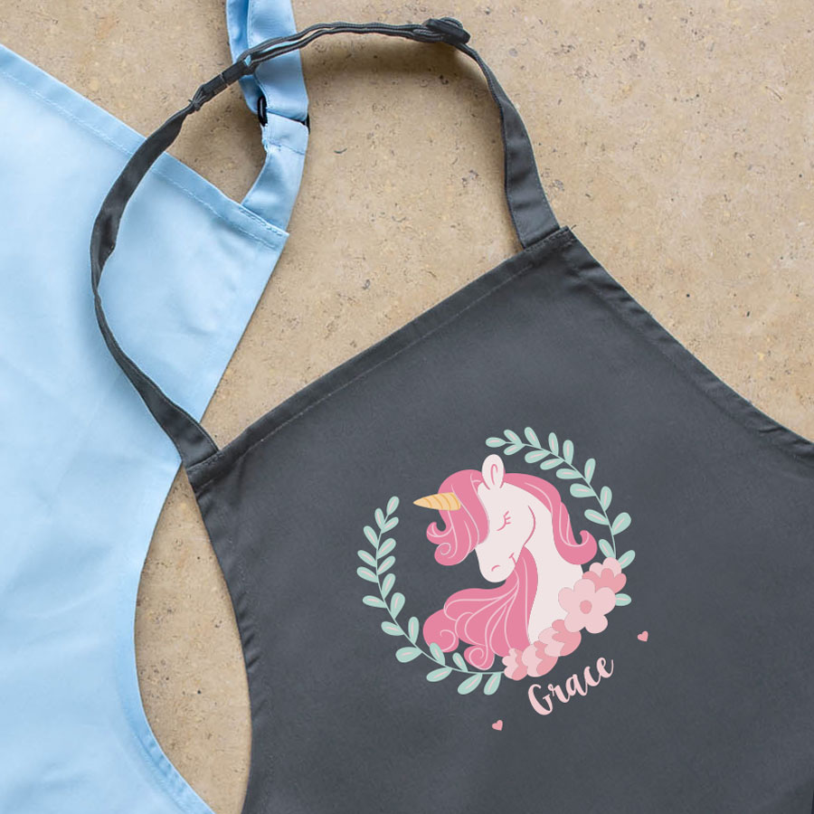 Personalised unicorn wreath apron (Grey) perfect gift for a child who loves to help with baking and cooking