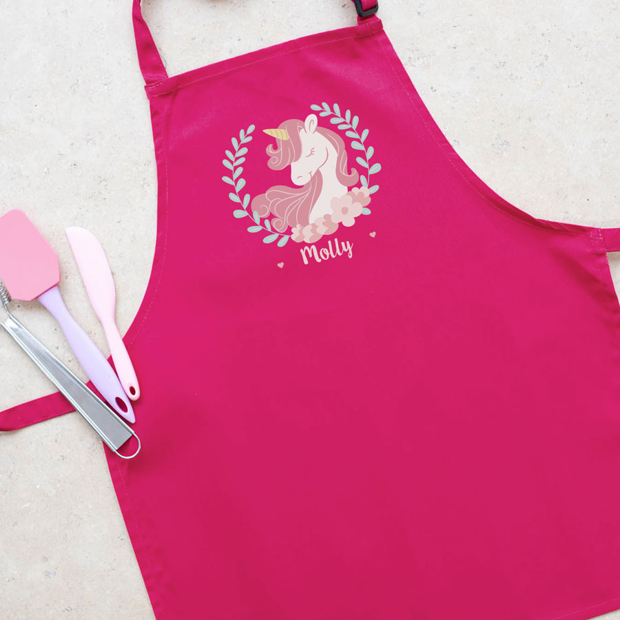 Personalised unicorn wreath apron (Pink) perfect gift for a child who loves to help with baking and cooking