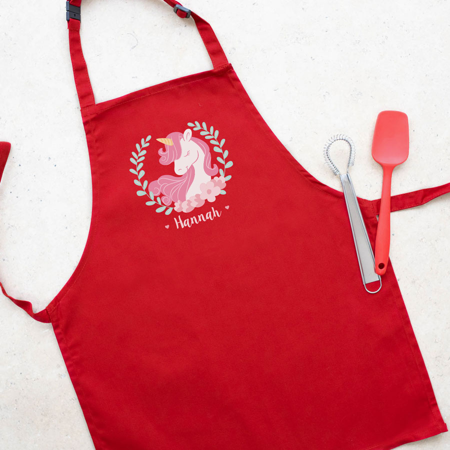 Personalised unicorn wreath apron (Red) perfect gift for a child who loves to help with baking and cooking