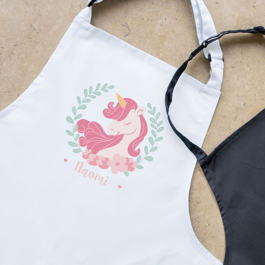 Personalised unicorn wreath apron (White) perfect gift for a child who loves to help with baking and cooking