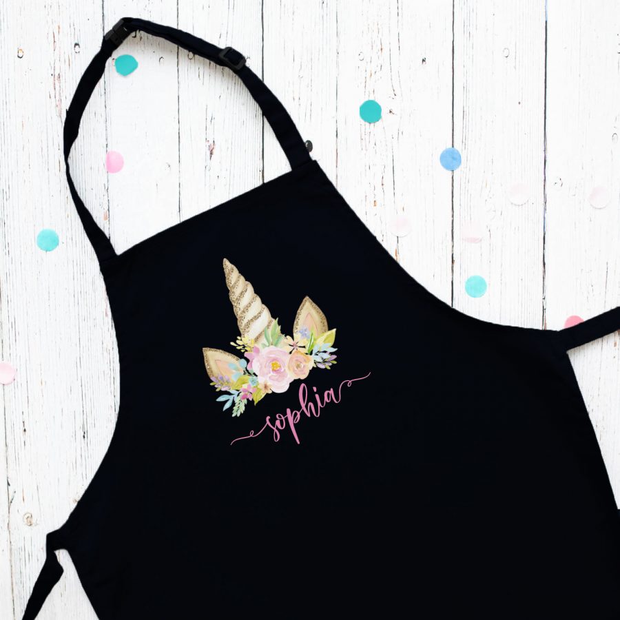 Personalised unicorn horn apron (Black) perfect gift for a child who loves to help with baking and cooking