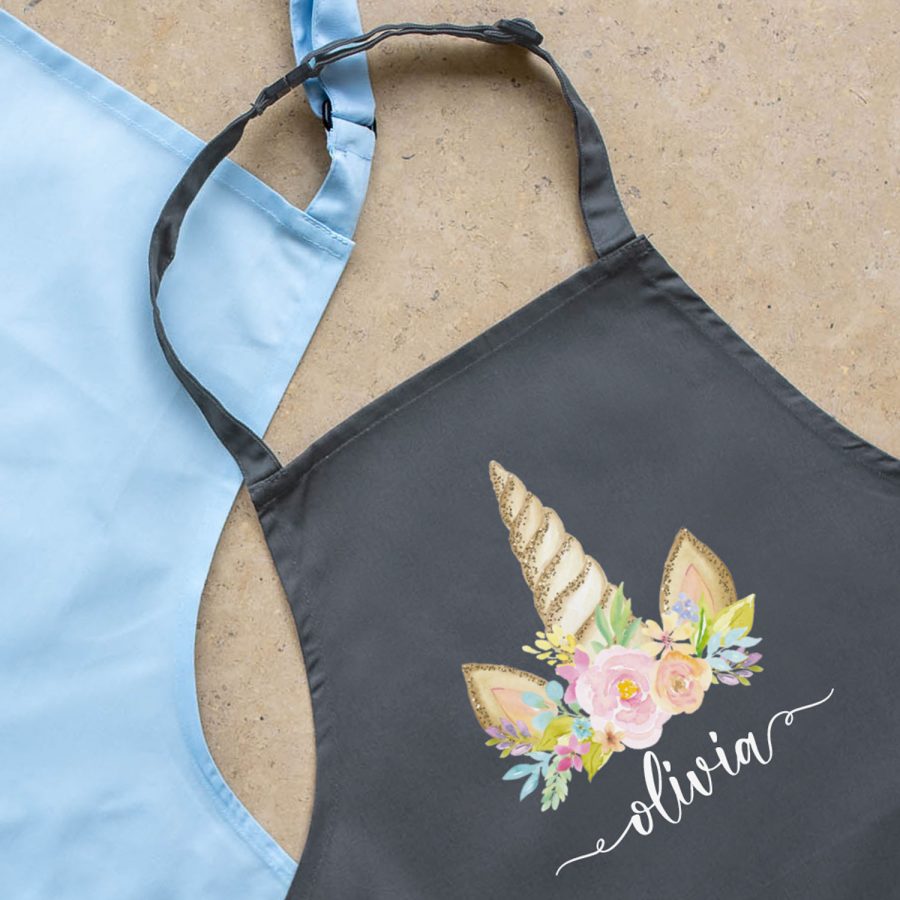 Personalised unicorn horn apron (Grey) perfect gift for a child who loves to help with baking and cooking