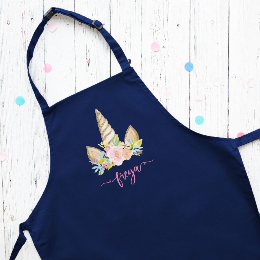 Personalised unicorn horn apron (Navy) perfect gift for a child who loves to help with baking and cooking