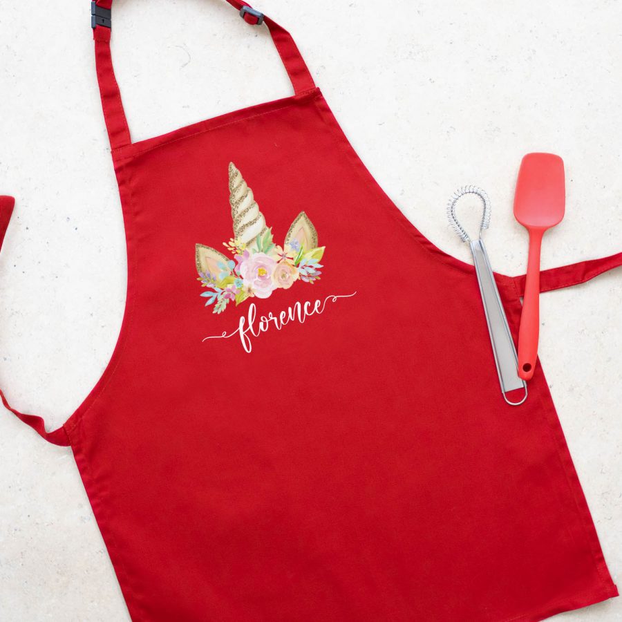 Personalised unicorn horn apron (Red) perfect gift for a child who loves to help with baking and cooking