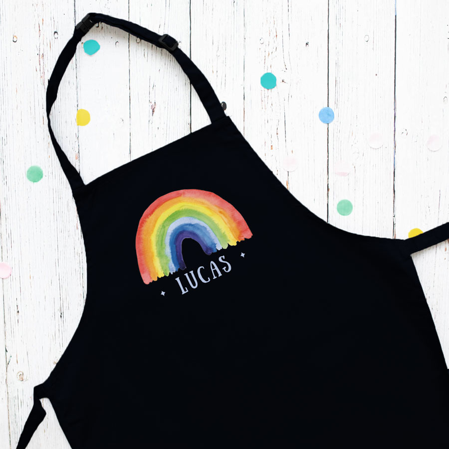 Personalised rainbow apron (Black) perfect gift for a child who loves to help with baking and cooking
