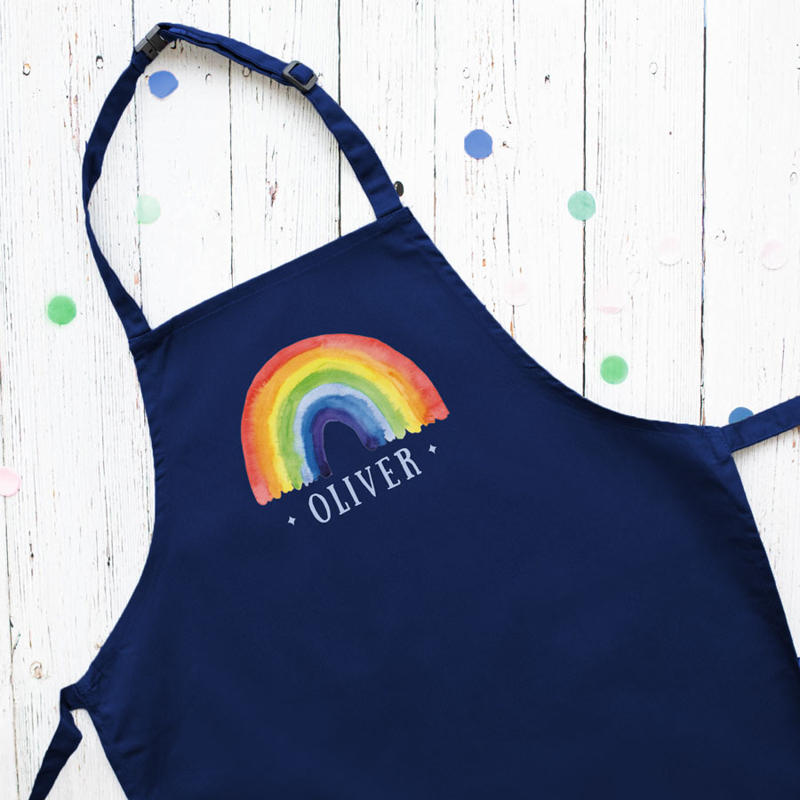 Personalised rainbow apron (Navy) perfect gift for a child who loves to help with baking and cooking