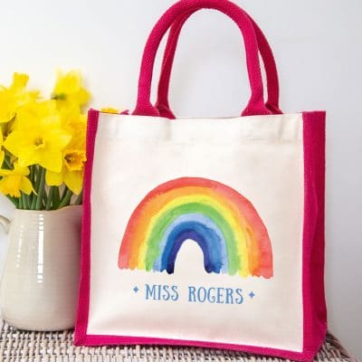 Personalised rainbow canvas bag (Pink bag) a perfect gift to say thank for a family member, teacher, friend or carer