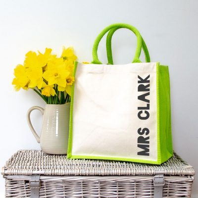 Personalised canvas bag (Green bag - anthracite text) perfect as a thank you gift for teachers