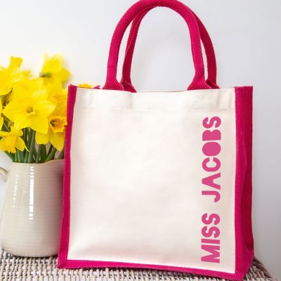 Personalised canvas bag (Pink bag - pink text) perfect as a thank you gift for teachers