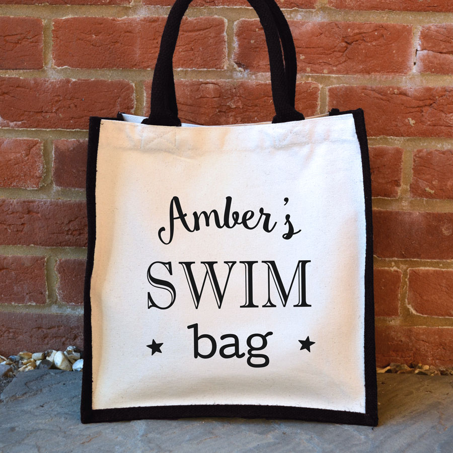 Personalised swim canvas bag (Black bag) perfect gift for a swimming teacher
