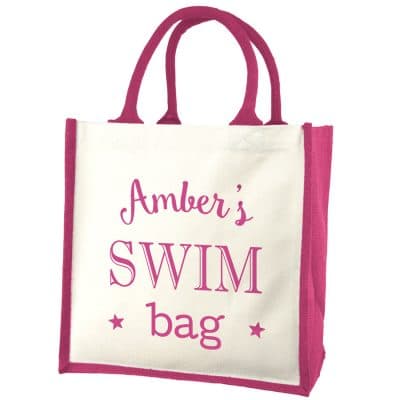 Personalised swim canvas bag (Pink option) on a white background