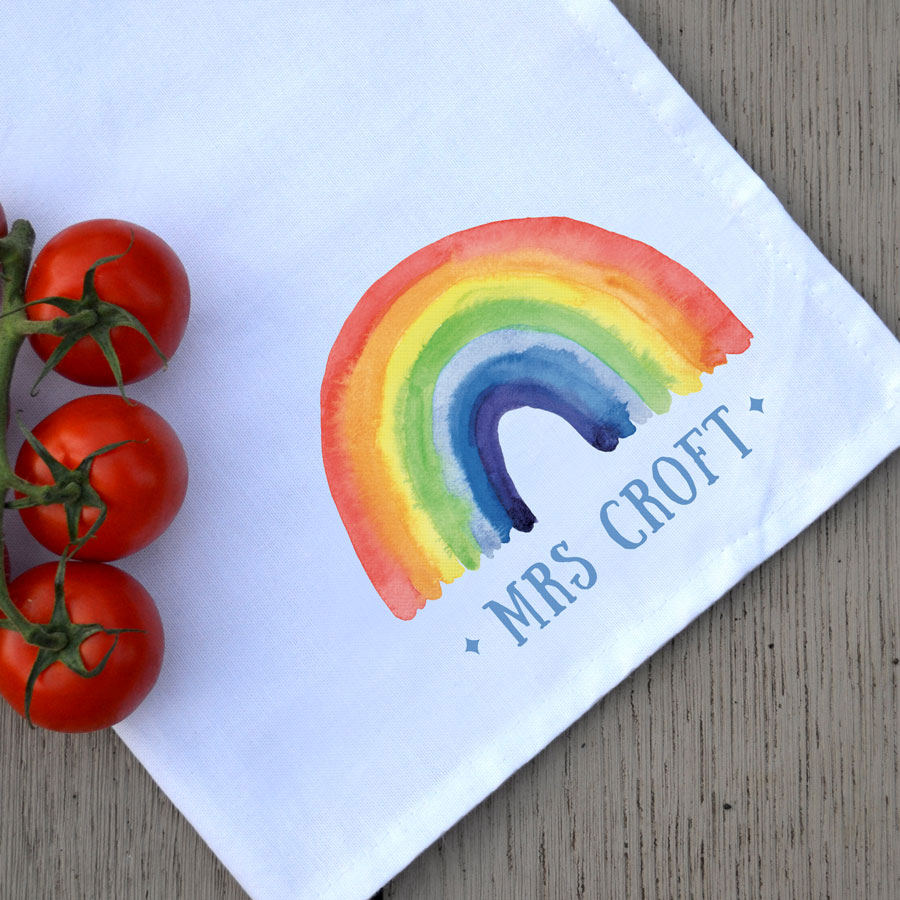 personalised rainbow tea towel (White) a perfect gift for teachers, friends and family members