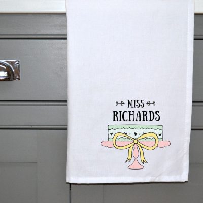 Personalised cake tea towel (White tea towel) perfect gift for a teacher, friend or family member