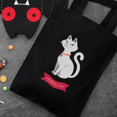 Personalised cat trick or treat bag (Black) perfect for Halloween trick or treat featuring a cat and personalised banner