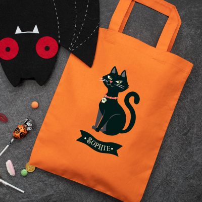 Personalised cat trick or treat bag (Orange) perfect for Halloween trick or treat featuring a cat and personalised banner
