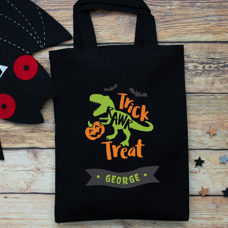 Personalised dinosaur trick or treat bag Halloween Stickerscape UK