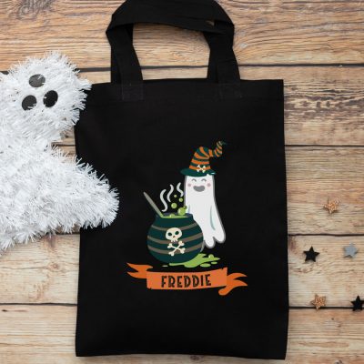 Personalised ghost and cauldron trick or treat bag (Black) perfect for Halloween trick or treat featuring a ghost and cauldron and personalised banner