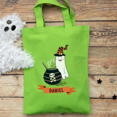 Personalised ghost and cauldron trick or treat bag (Green) perfect for Halloween trick or treat featuring a ghost and cauldron and personalised banner