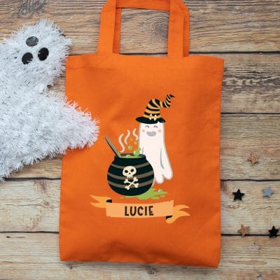 Personalised ghost and cauldron trick or treat bag (Orange) perfect for Halloween trick or treat featuring a ghost and cauldron and personalised banner