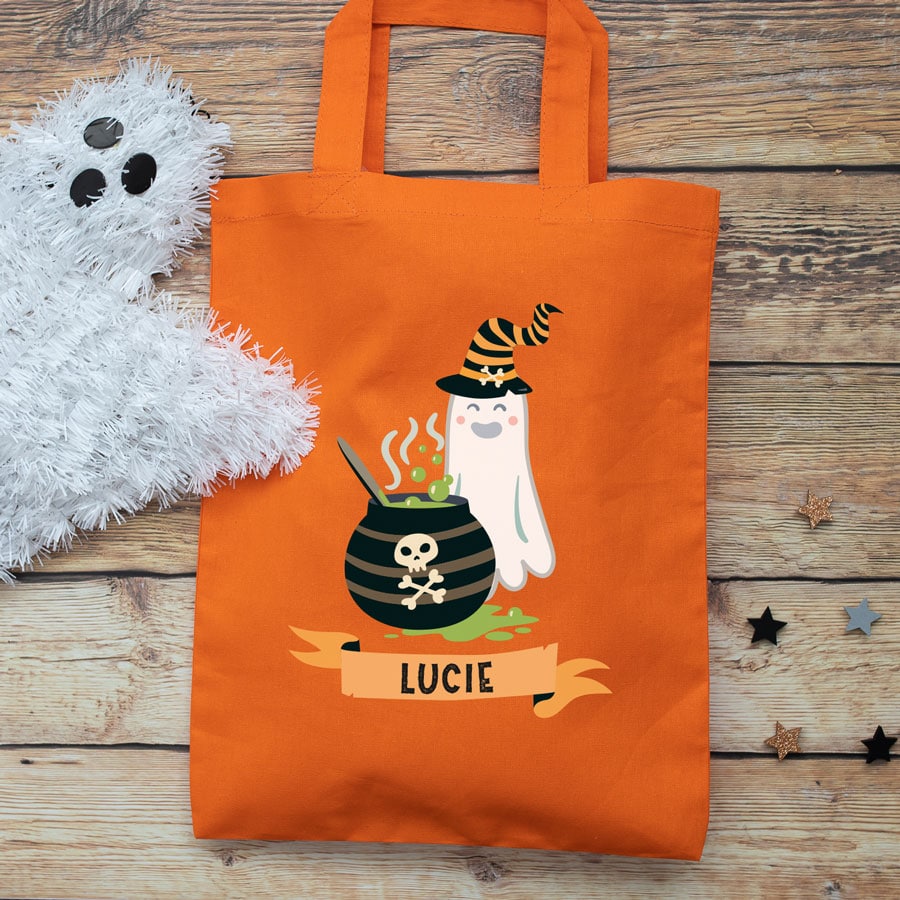 Personalised ghost and cauldron trick or treat bag Stickerscape UK