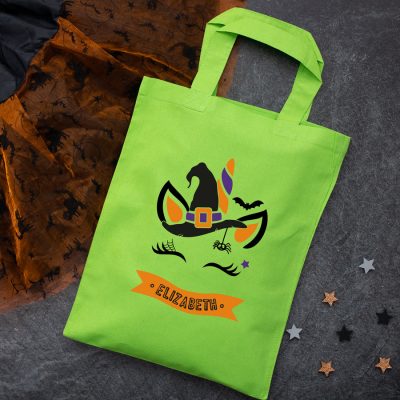 Personalised unicorn witch trick or treat bag (Green) perfect for Halloween trick or treat featuring a unicorn witch and personalised banner