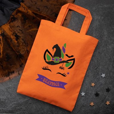 Personalised unicorn witch trick or treat bag (Orange) perfect for Halloween trick or treat featuring a unicorn witch and personalised banner