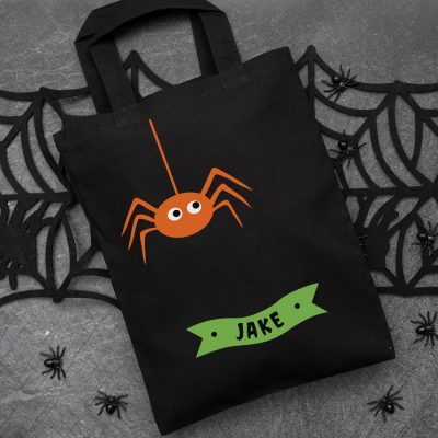 Personalised spider trick or treat bag (Black) perfect for Halloween trick or treat featuring a spider and personalised banner