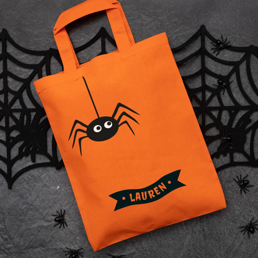 Personalised spider trick or treat bag (Orange) perfect for Halloween trick or treat featuring a spider and personalised banner