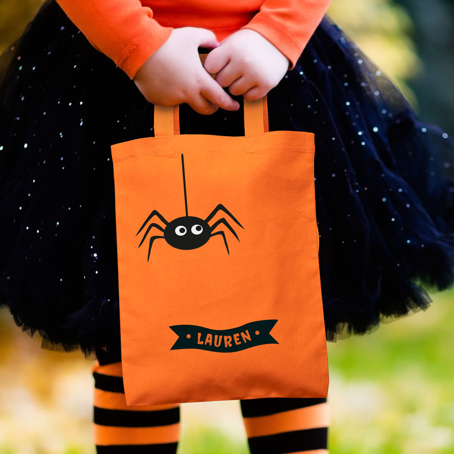 Personalised spider trick or treat bag (Orange) perfect for Halloween trick or treat featuring a spider and personalised banner