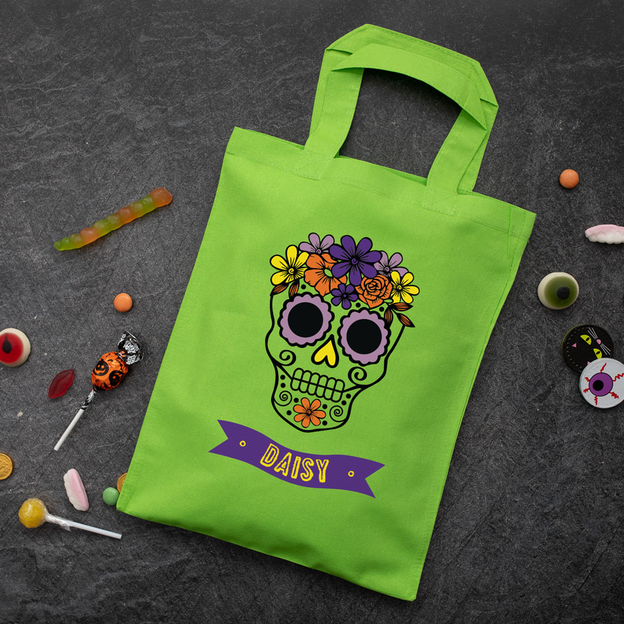 Personalised skull trick or treat bag (Green) perfect for Halloween trick or treat featuring a skull or calavera and personalised banner