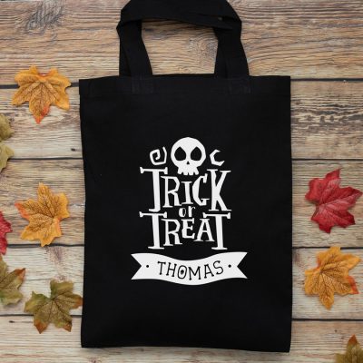 Personalised Halloween trick or treat bag (Black) perfect for Halloween trick or treat featuring trick or treat quote and personalised banner