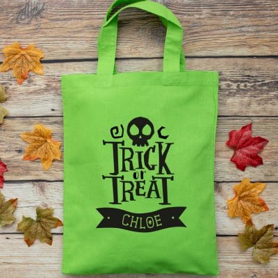 Personalised Halloween trick or treat bag (Green) perfect for Halloween trick or treat featuring trick or treat quote and personalised banner