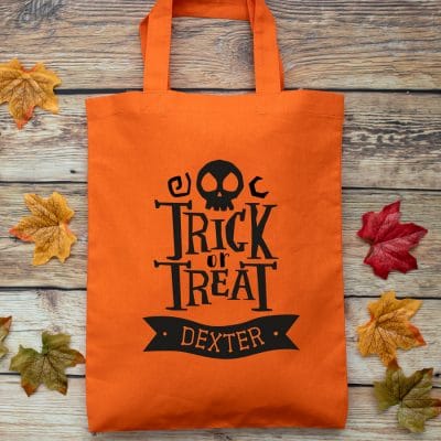 Personalised Halloween trick or treat bag (Orange) perfect for Halloween trick or treat featuring trick or treat quote and personalised banner