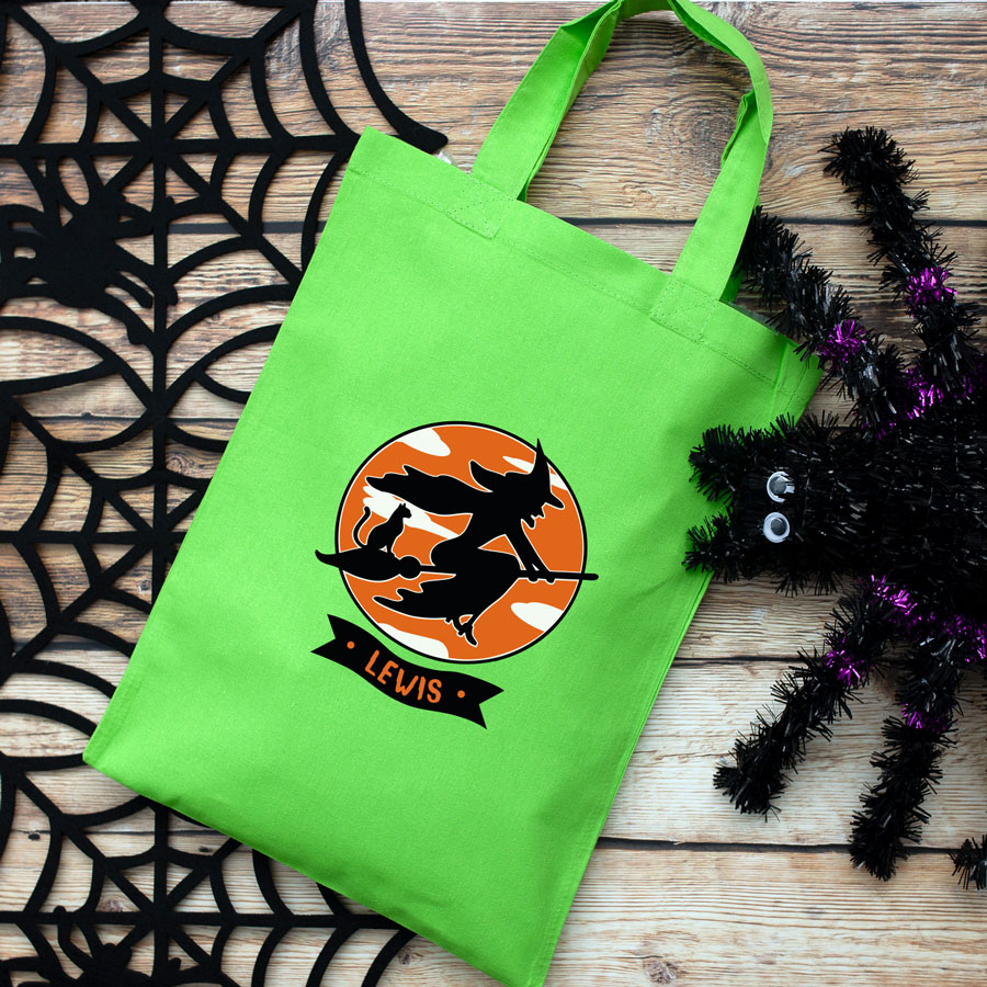 Personalised witch and cat trick or treat bag (Green) perfect for Halloween trick or treat featuring a witch and cat on a broomstick and personalised banner