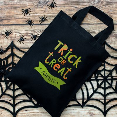 Personalised trick or treat bag (Black) perfect for Halloween trick or treat featuring trick or treat quote and personalised banner