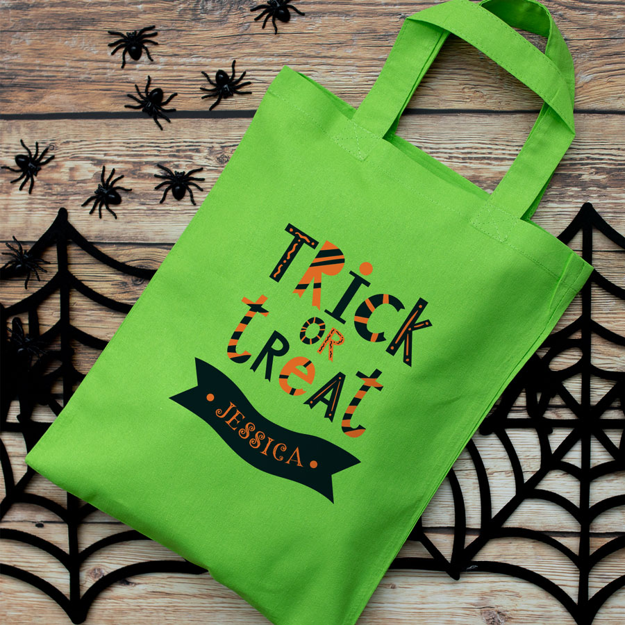 Personalised trick or treat bag (Green) perfect for Halloween trick or treat featuring trick or treat quote and personalised banner