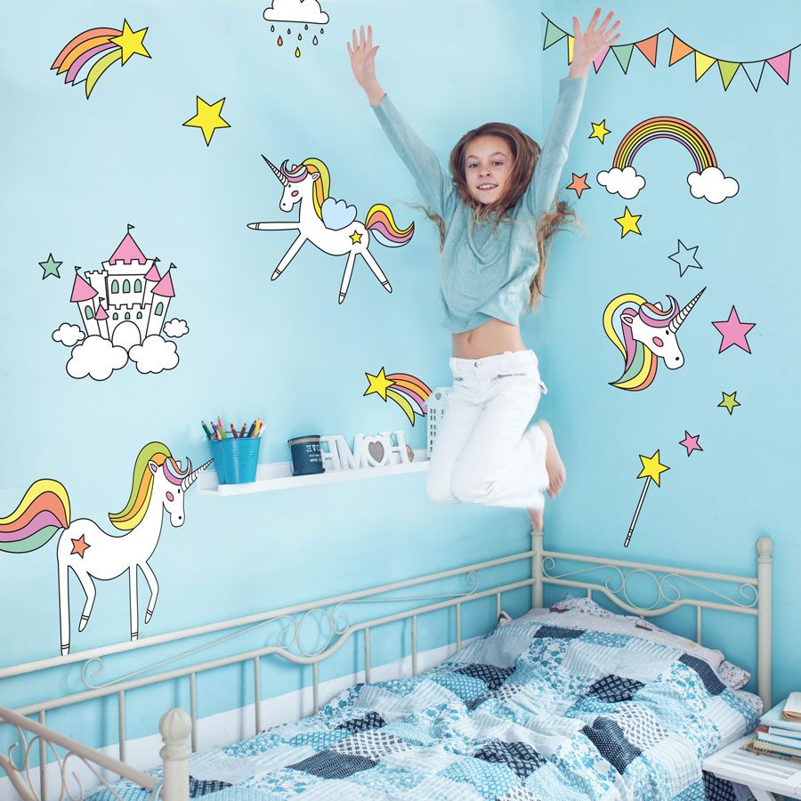 unicorn and rainbows stickaround wall stickers in a cartoon style