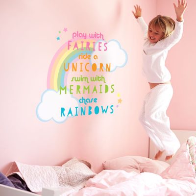 unicorn quote wall sticker with pastel rainbow and stars perfect as a feature for a girls bedroom