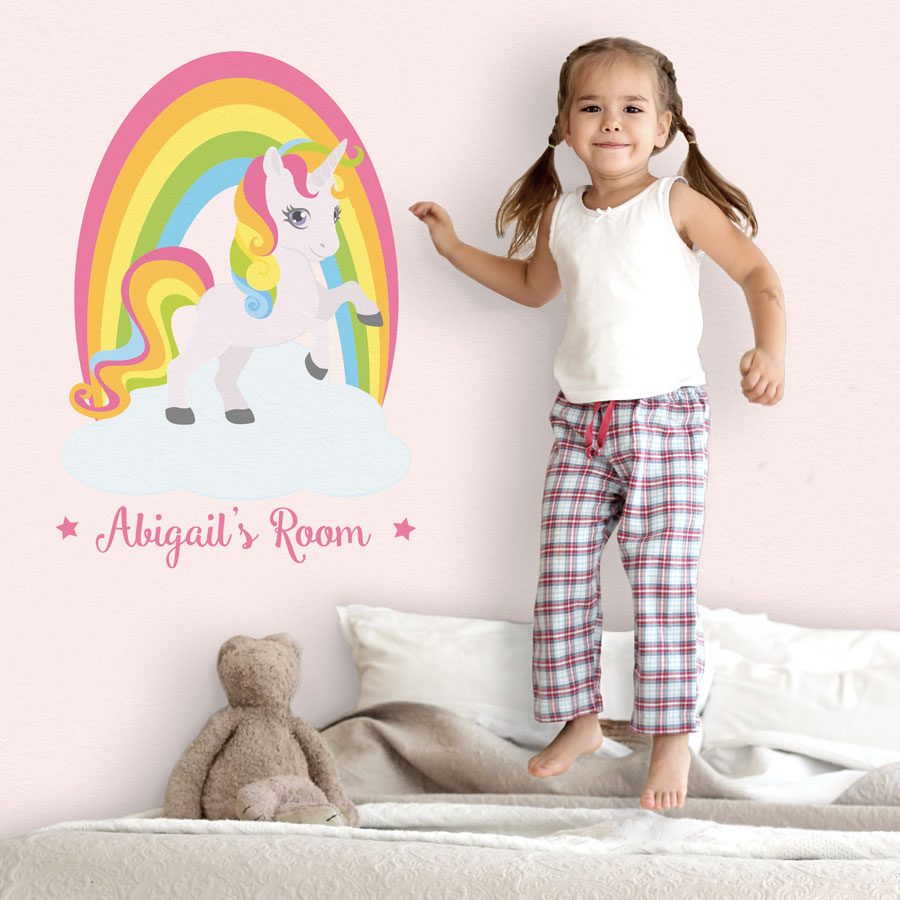 personalised rainbow wall sticker with unicorn perfect above a girls bed