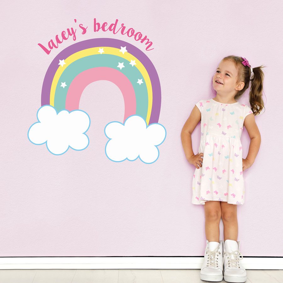 personalised rainbow and clouds wall sticker perfect for decorating a little girl's bedroom