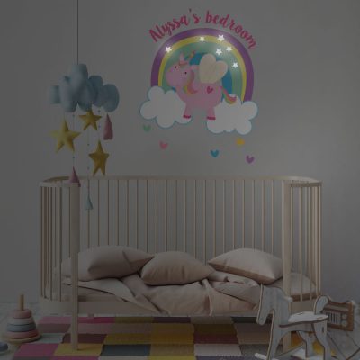 personalised flying unicorn wall sticker with glow in the dark stars