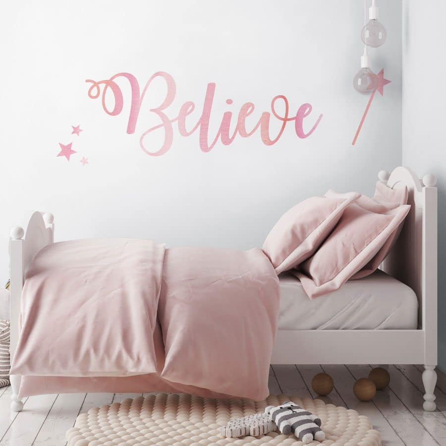Believe quote wall sticker in pink perfect for a girls bedroom
