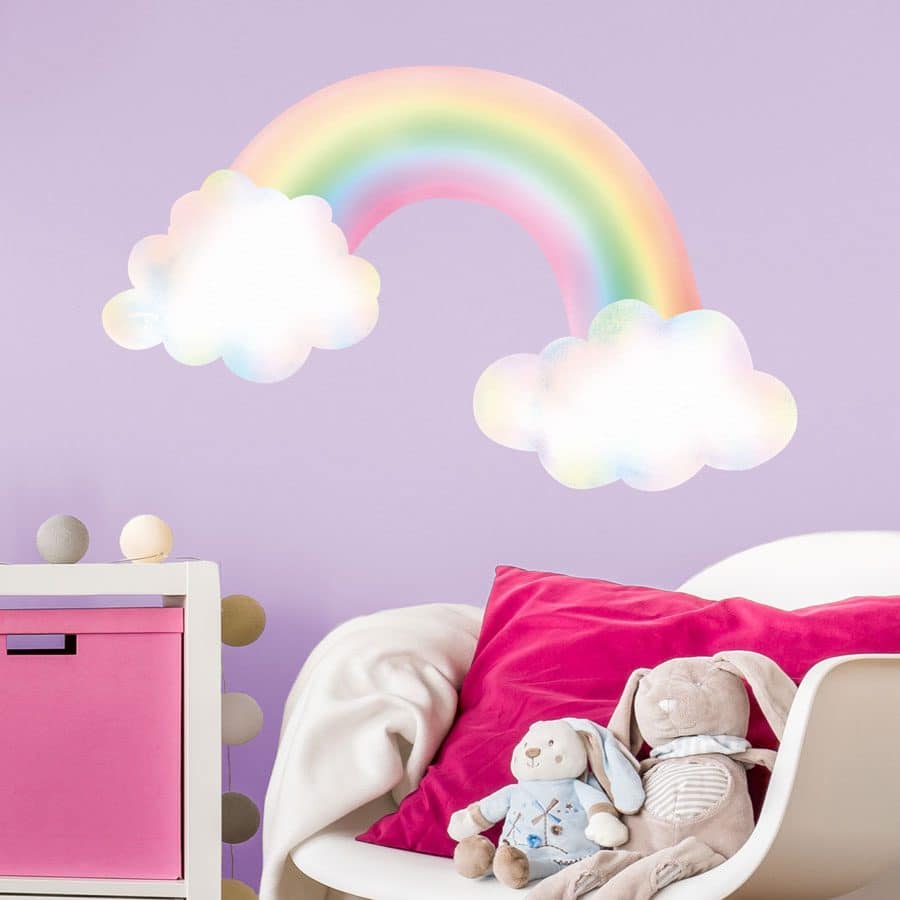pastel rainbow with clouds wall sticker regular size on a pink purple wall