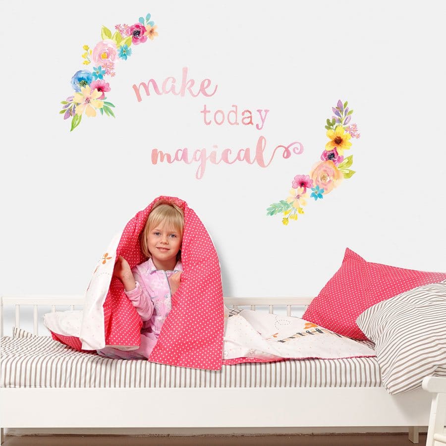 make today magical quote wall sticker with watercolour floral wreathes