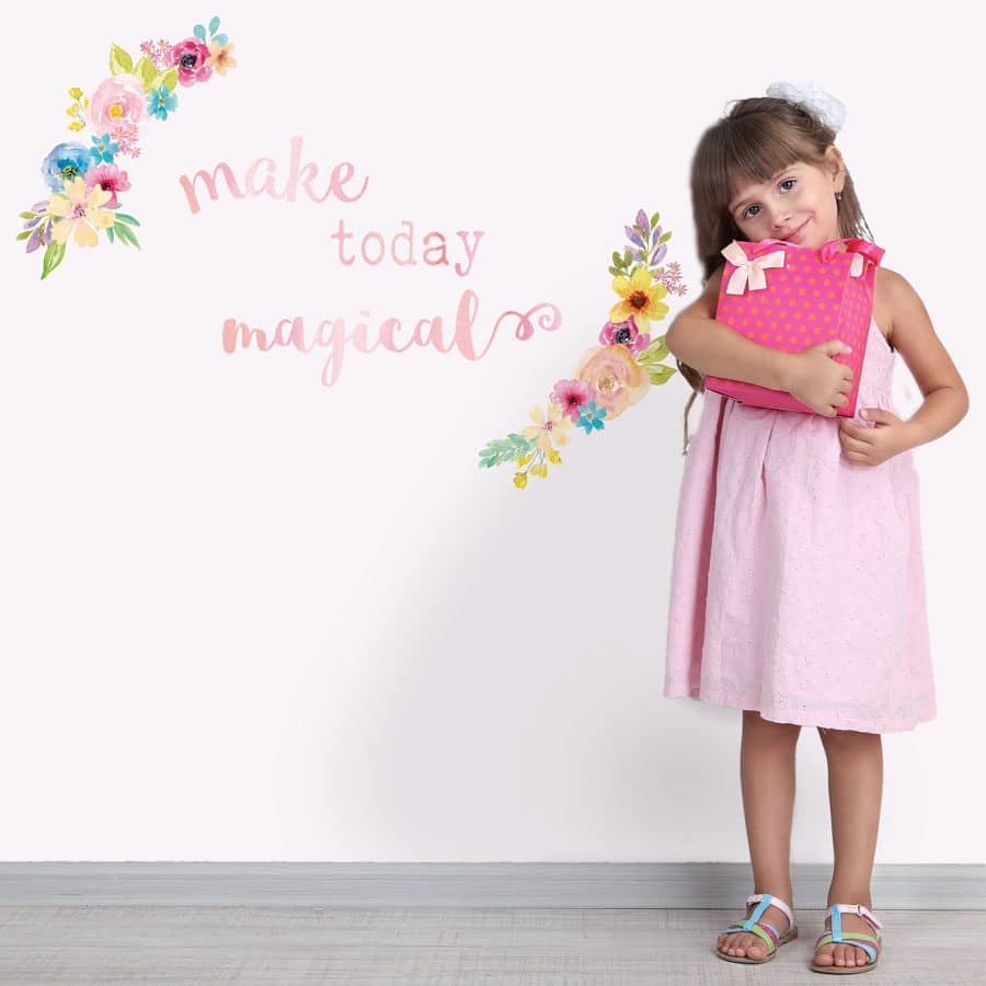 make today magical quote wall sticker in regular size with watercolour floral wreathes
