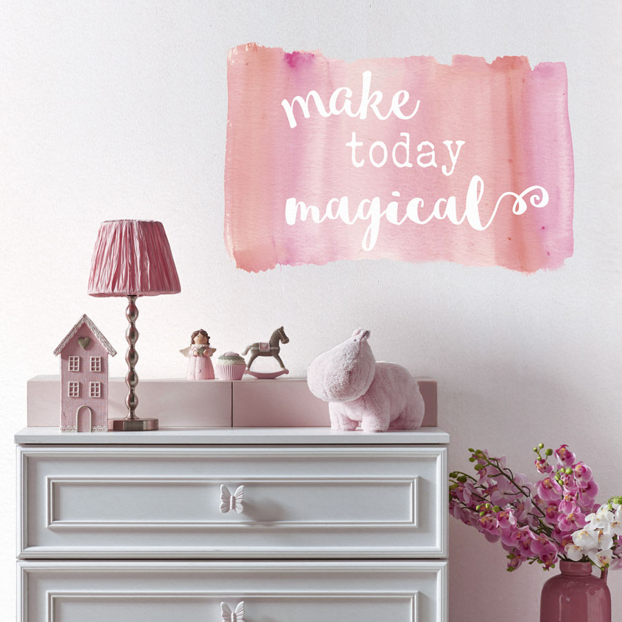 make today magical wall sticker splash on painted background on a grey wall in pink