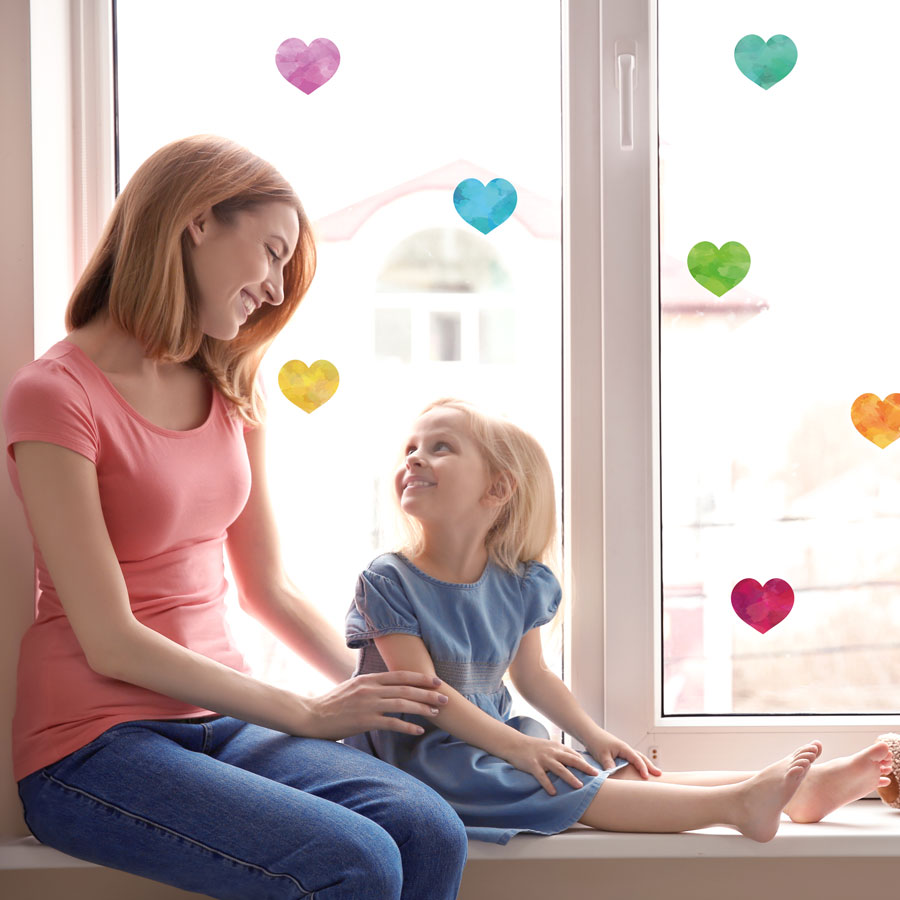 Watercolour rainbow heart window stickers perfect for decorating a child's window and brightening up your home