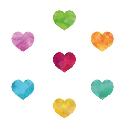 Watercolour rainbow heart window stickers on a white background