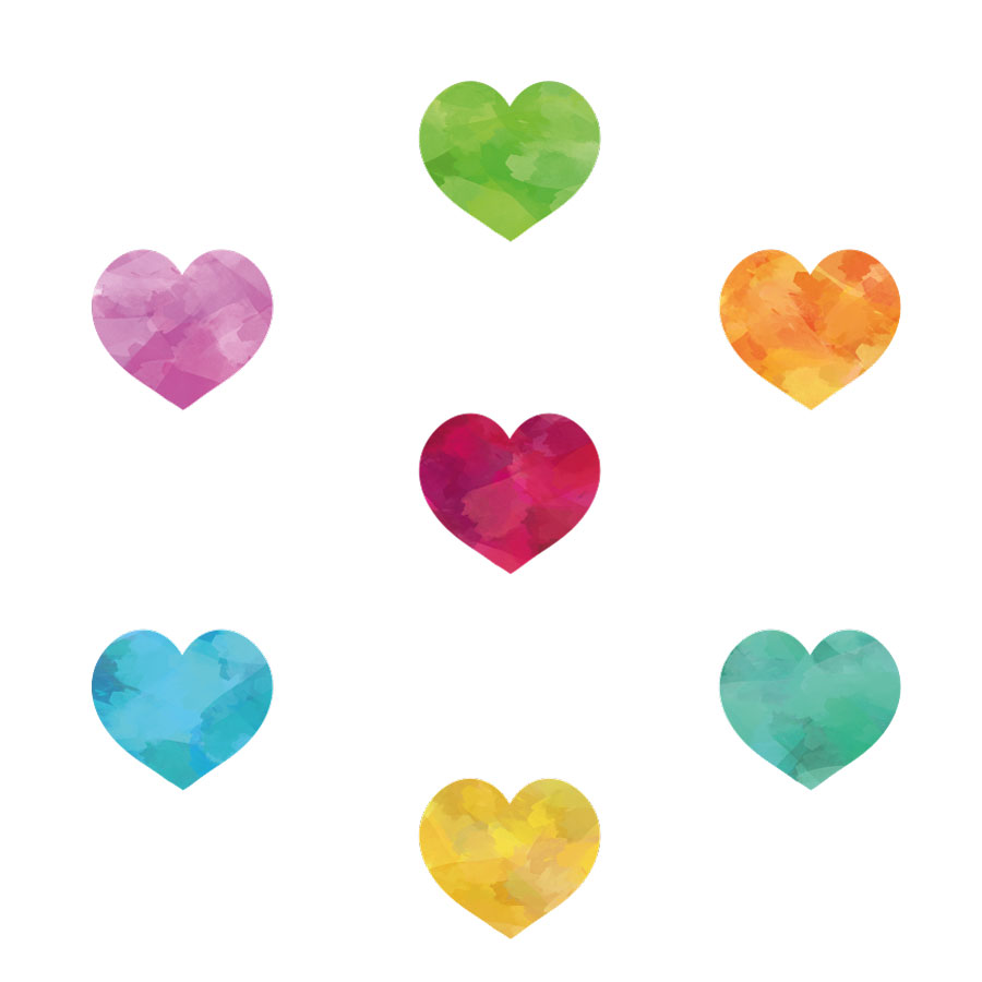 Watercolour rainbow heart window stickers on a white background