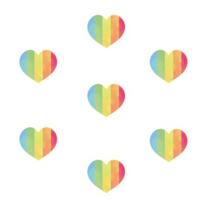 Rainbow stripe heart window stickers on a white background